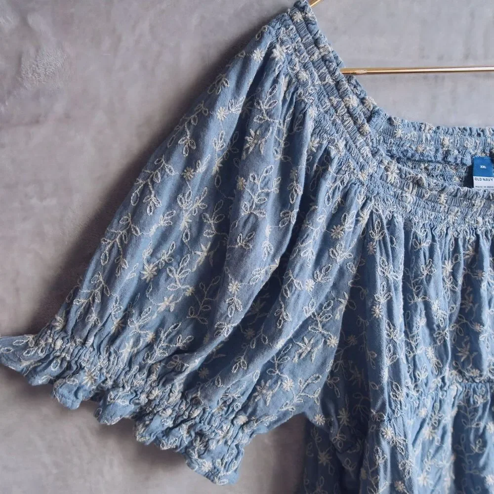 OLD NAVY Blue Floral Puff-Sleeve Babydoll Top Size XXL Embroidered Chambray